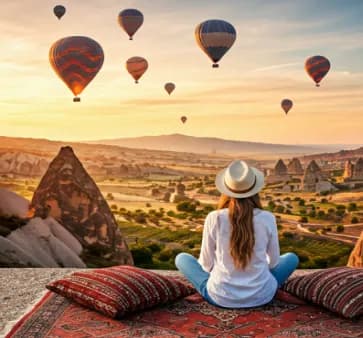 Hot air balloons over rock formations