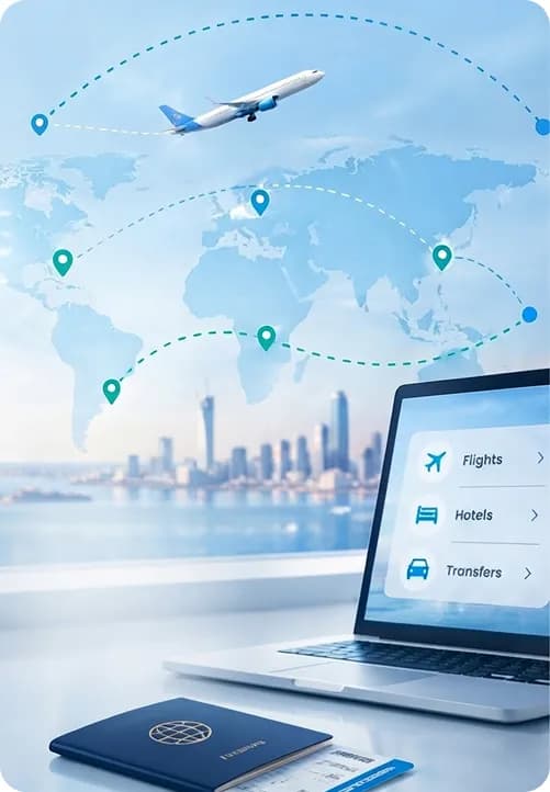 World map with flight routes above a laptop